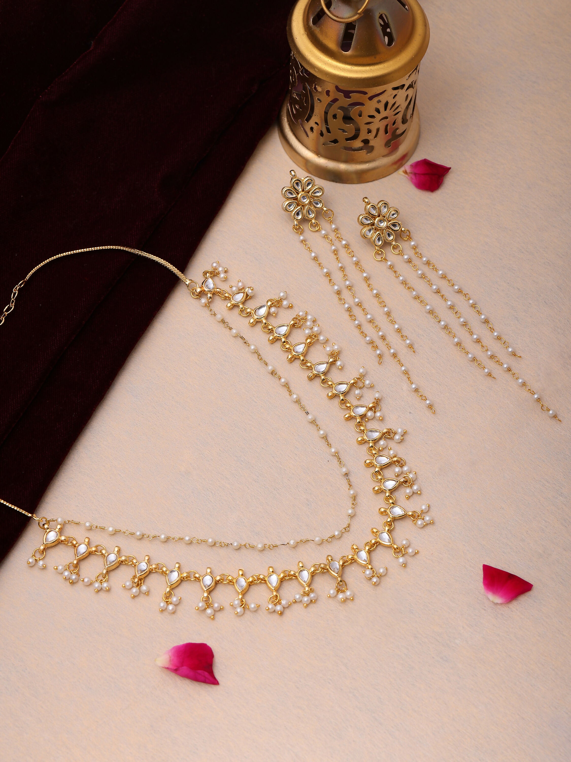 Ruby Raang Gold Kundan Necklace with Dangler Earrings