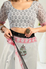 Thumbnail for Vastranavya Green Digital Printed Linen Ready To Wear Designer Saree with Unstitched Blouse - Distacart