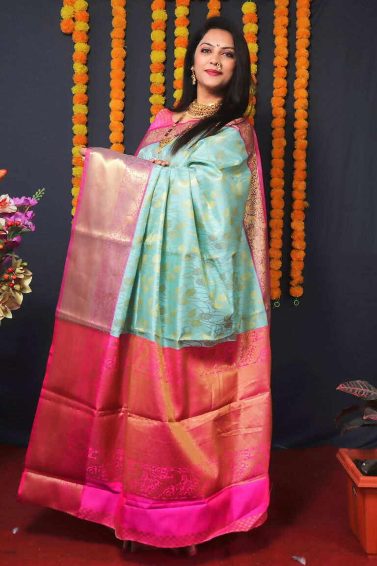 Jyoti Fashion Women's Sky Blue Kanjivaram Silk Zari Woven Saree with Blouse - Distacart