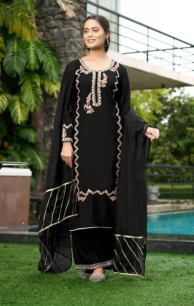 Nikhaar Black Embroidered Art Silk Straight Cut Readymade Pakistani Suit