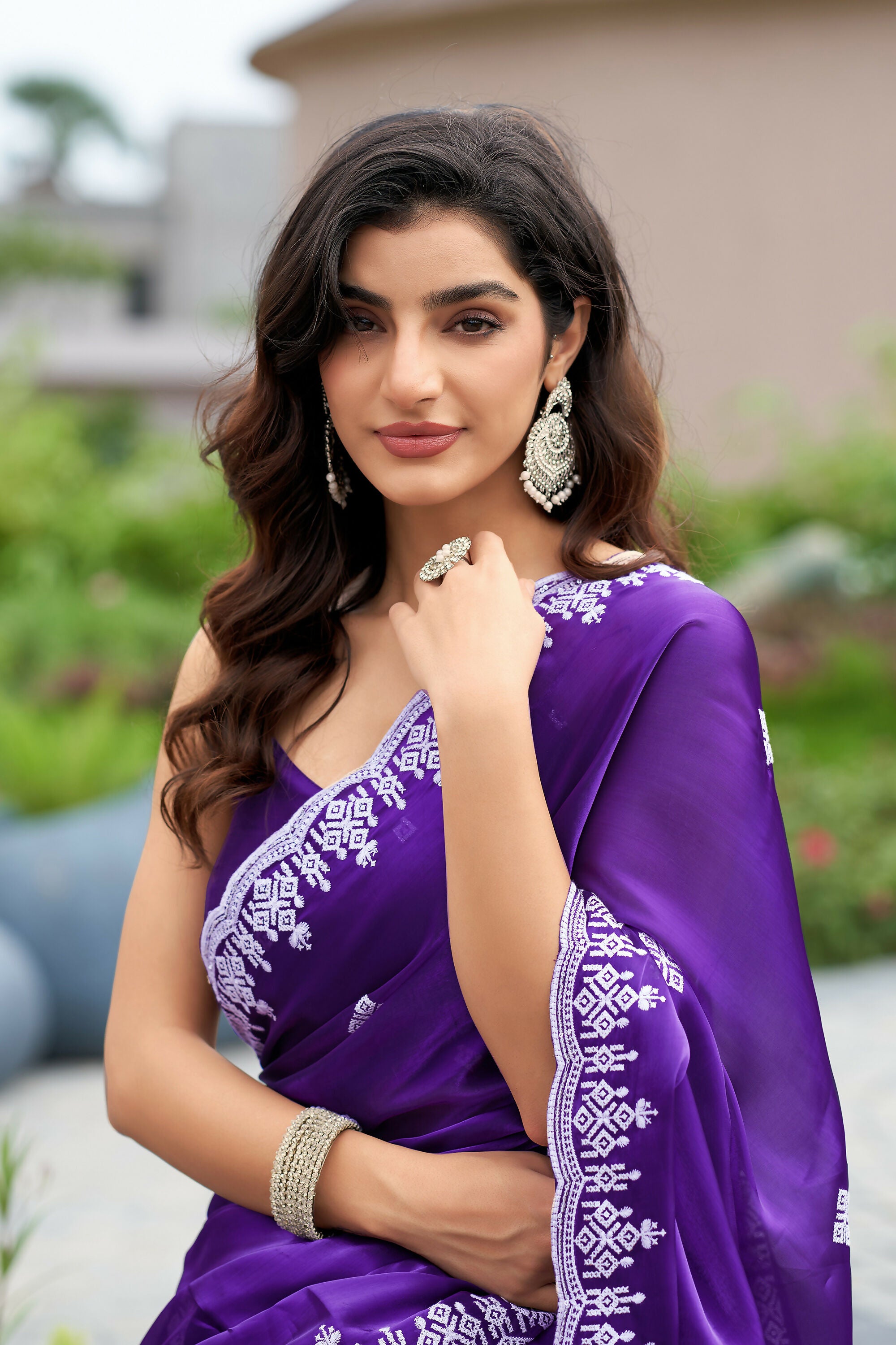 Vastranavya Purple-Blue Embroidery Work Shimmer Chiffon Saree with Unstitched Blouse