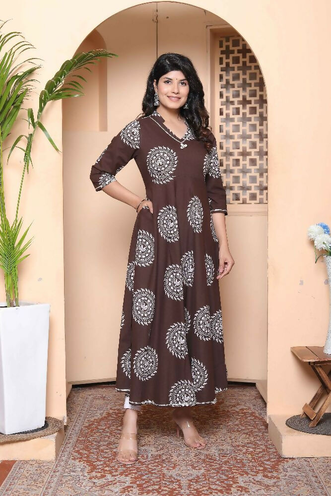 Miravan Womens Printed V-Neck Cotton Anarkali Kurta Brown - Distacart