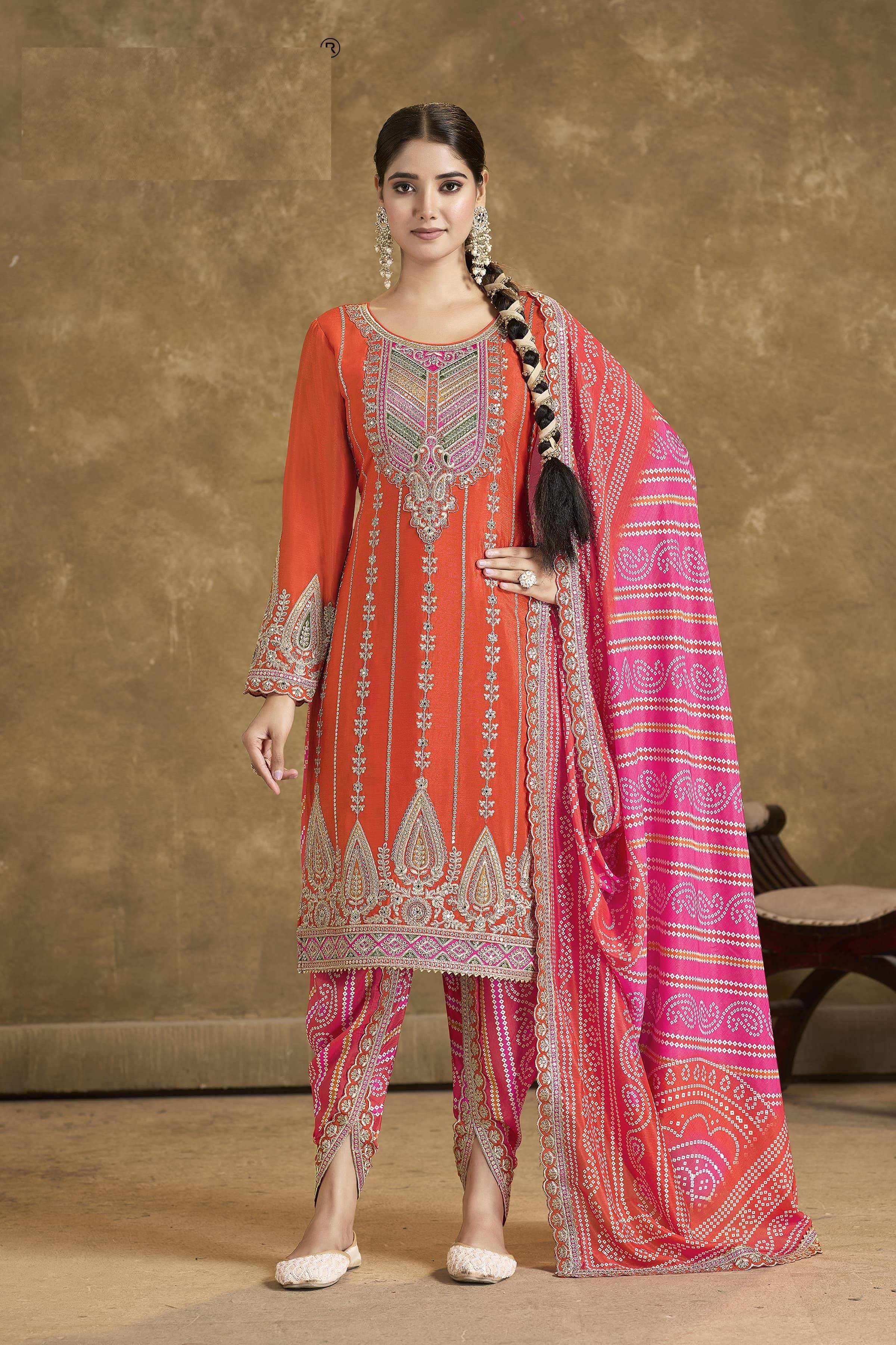 Aarshi Fashions Orange Embroidered Bandhani Dhoti Wedding Suit