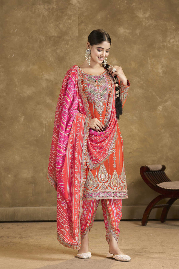 Aarshi Fashions Orange Embroidered Bandhani Dhoti Wedding Suit