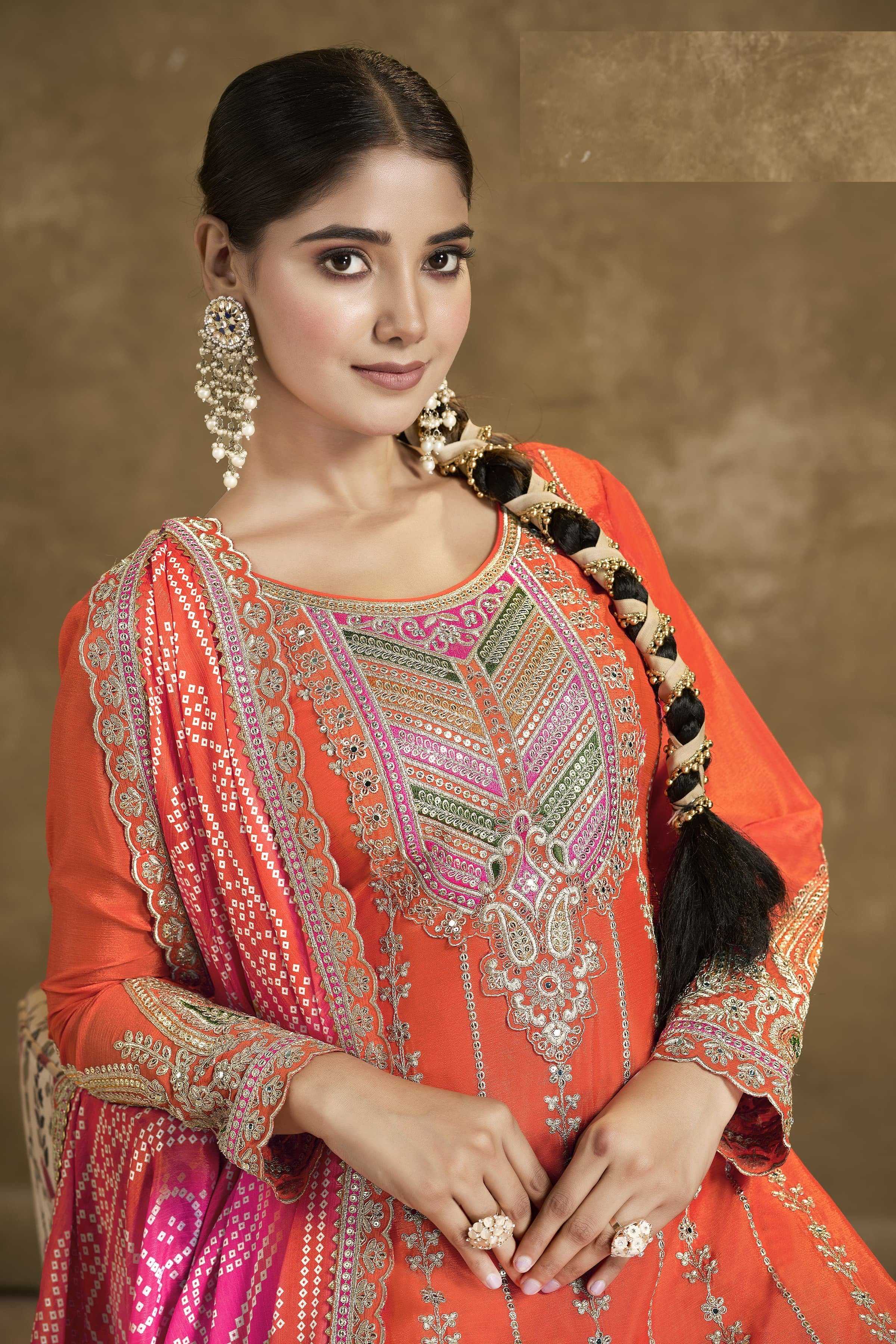 Aarshi Fashions Orange Embroidered Bandhani Dhoti Wedding Suit
