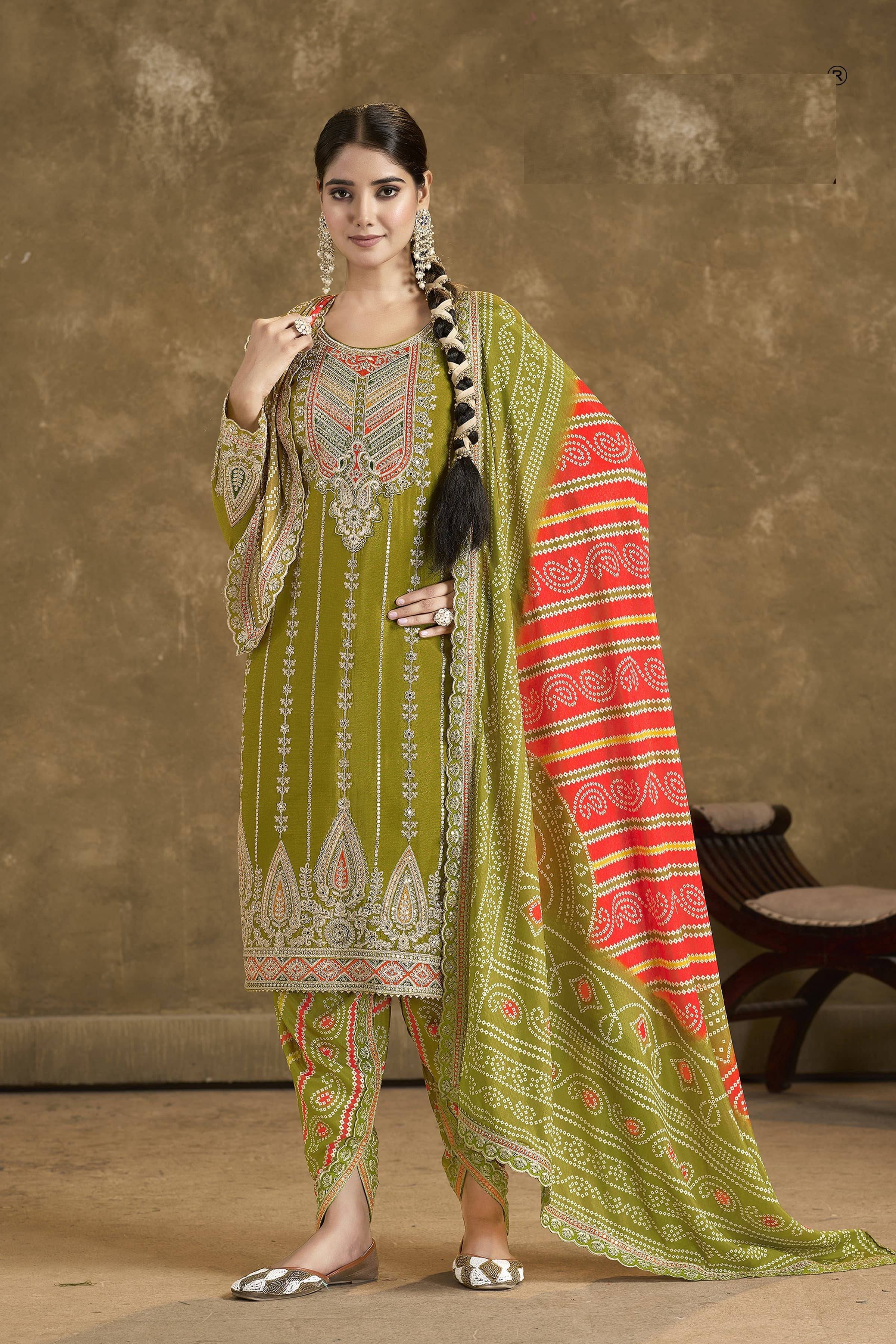 Aarshi Fashions Light Green Embroidered Bandhani Dhoti Wedding Suit