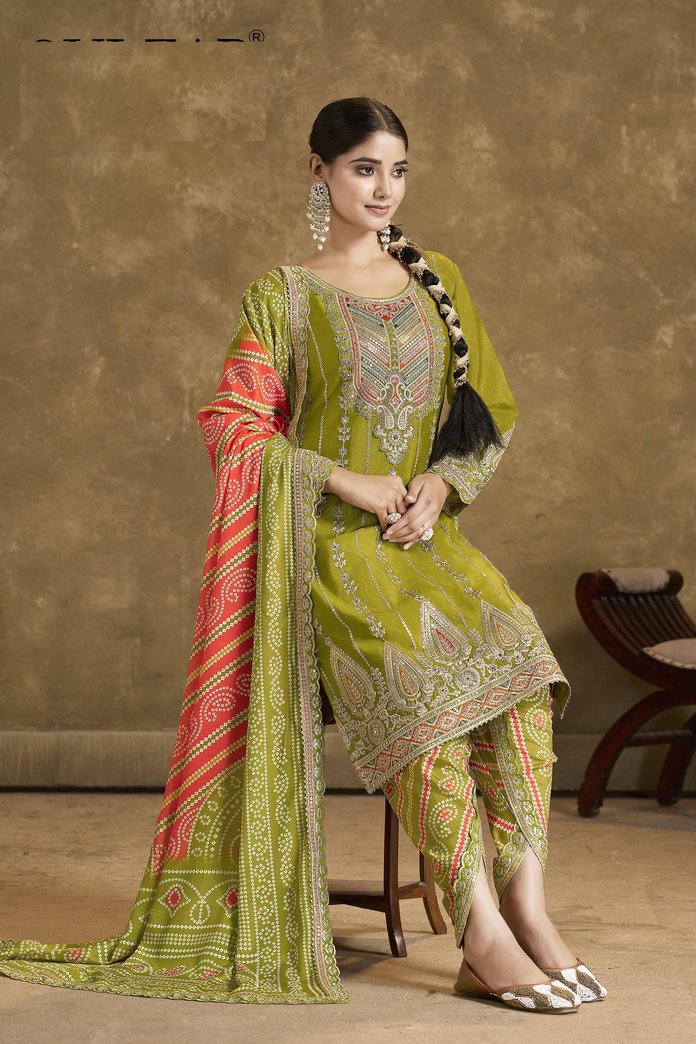 Aarshi Fashions Light Green Embroidered Bandhani Dhoti Wedding Suit