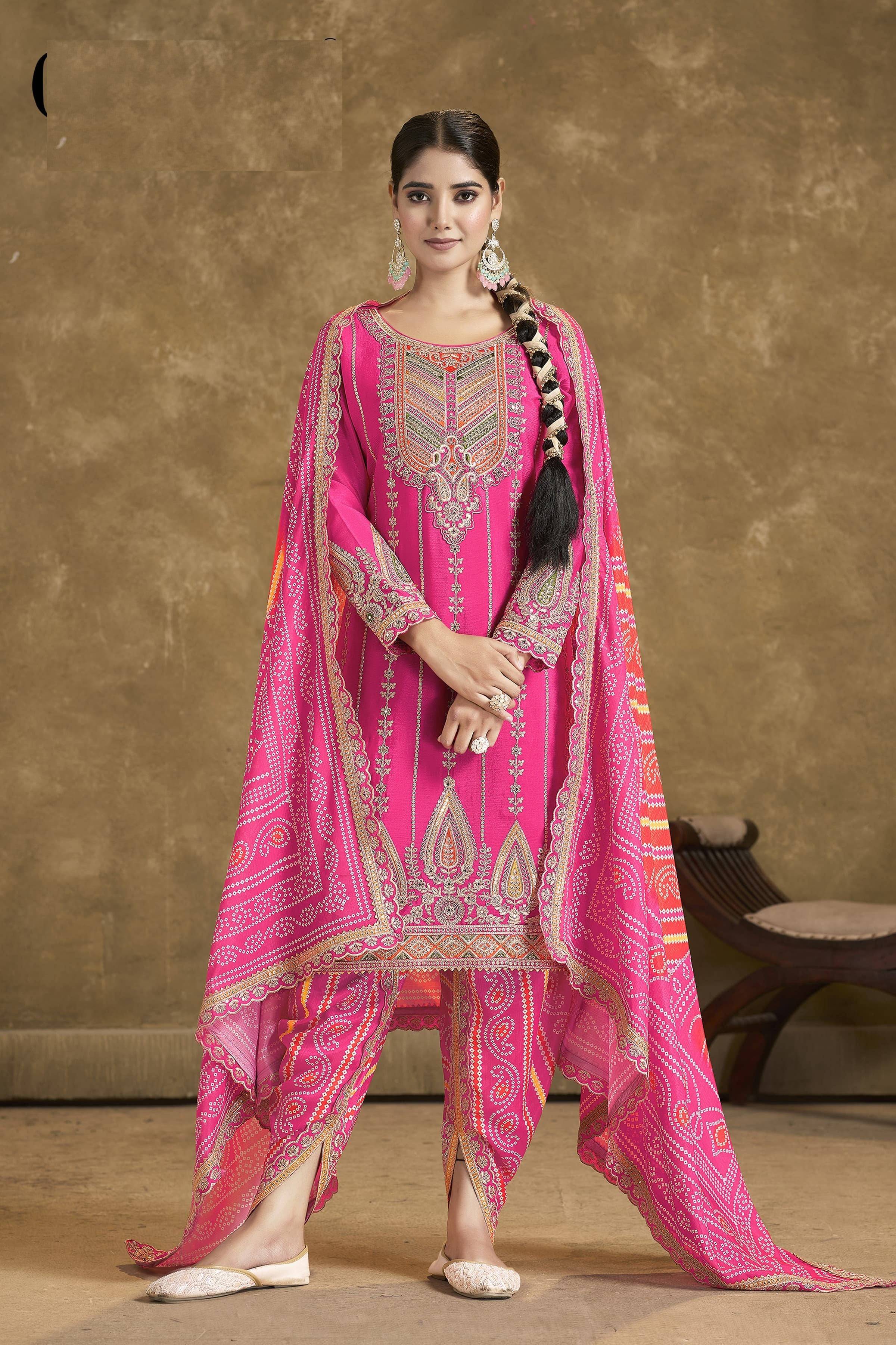 Aarshi Fashions Pink Embroidered Bandhani Dhoti Wedding Suit