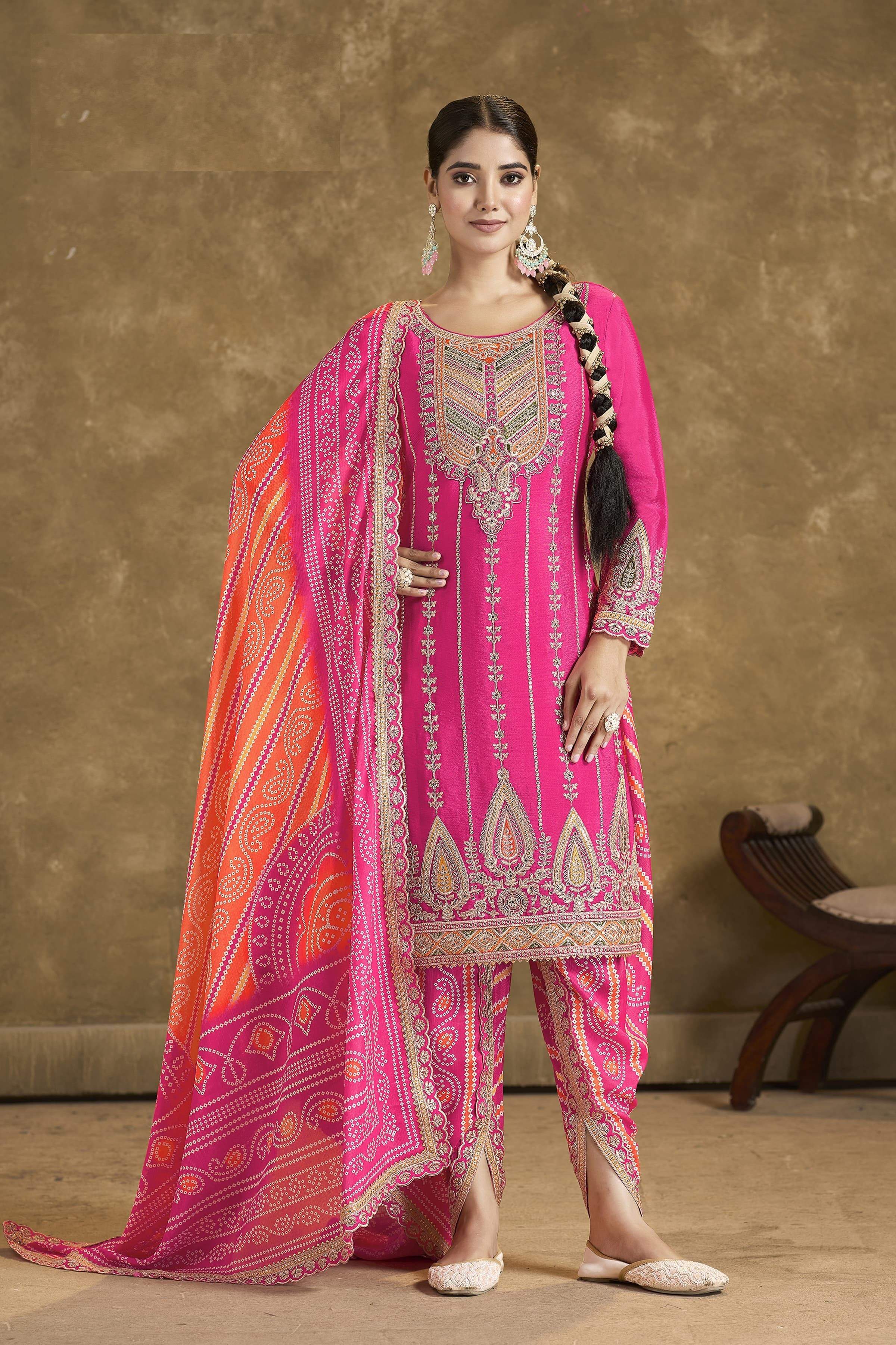 Aarshi Fashions Pink Embroidered Bandhani Dhoti Wedding Suit