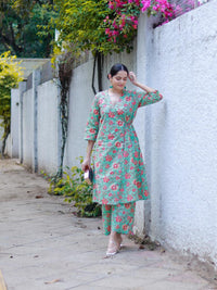 Thumbnail for trueBrowns Seafoam Green Overall Floral Block Print Cotton Angrakha Pant Set - Distacart