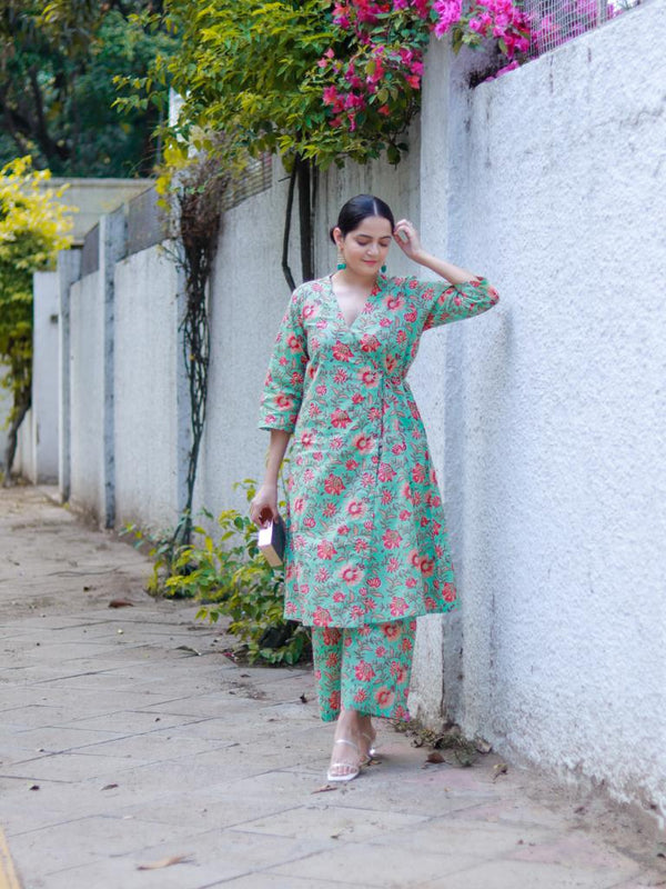 trueBrowns Seafoam Green Overall Floral Block Print Cotton Angrakha Pant Set - Distacart