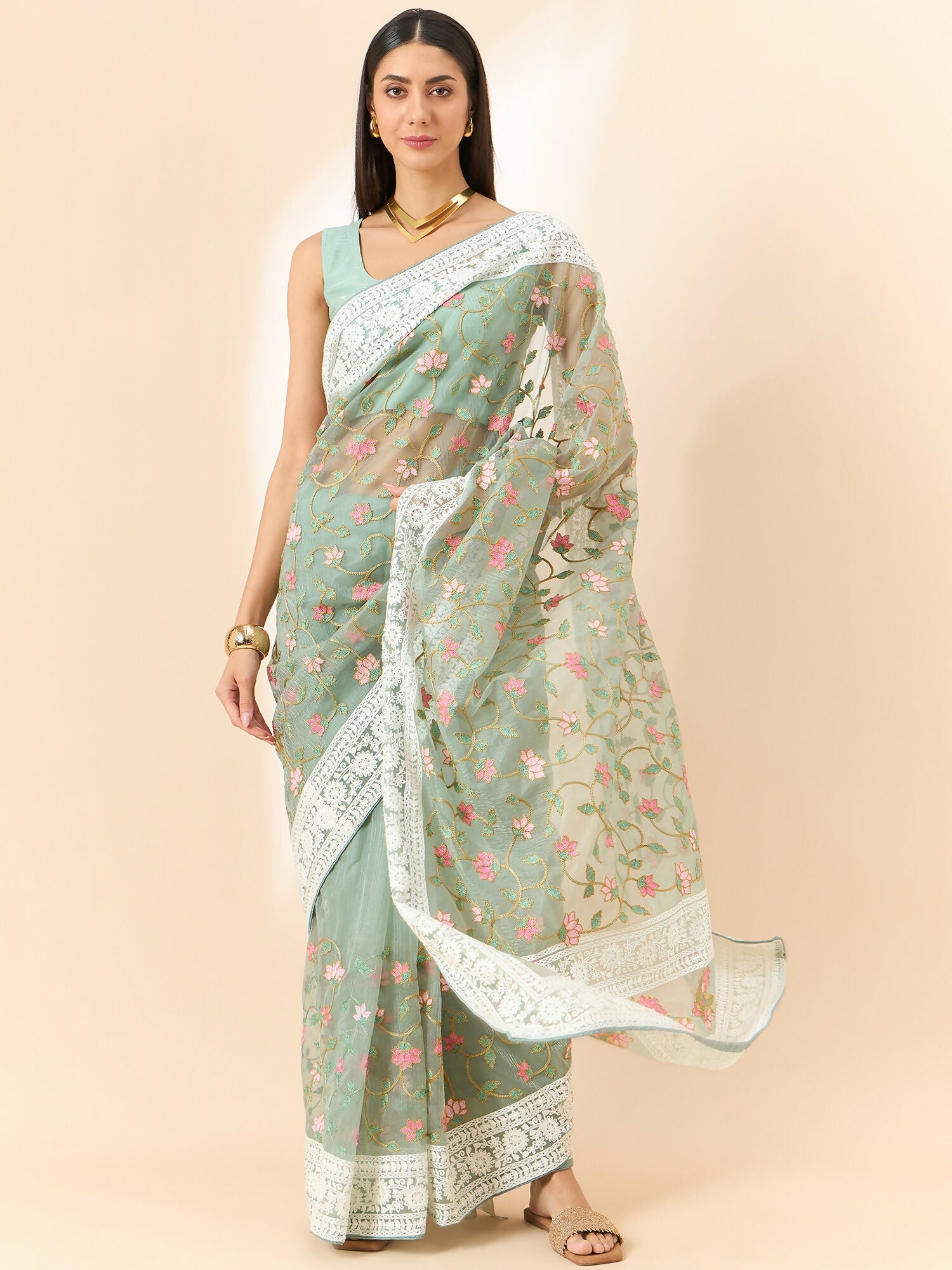 Green Organza Floral Embroidered Saree with Unstitched Blouse Piece - Roozal - Distacart