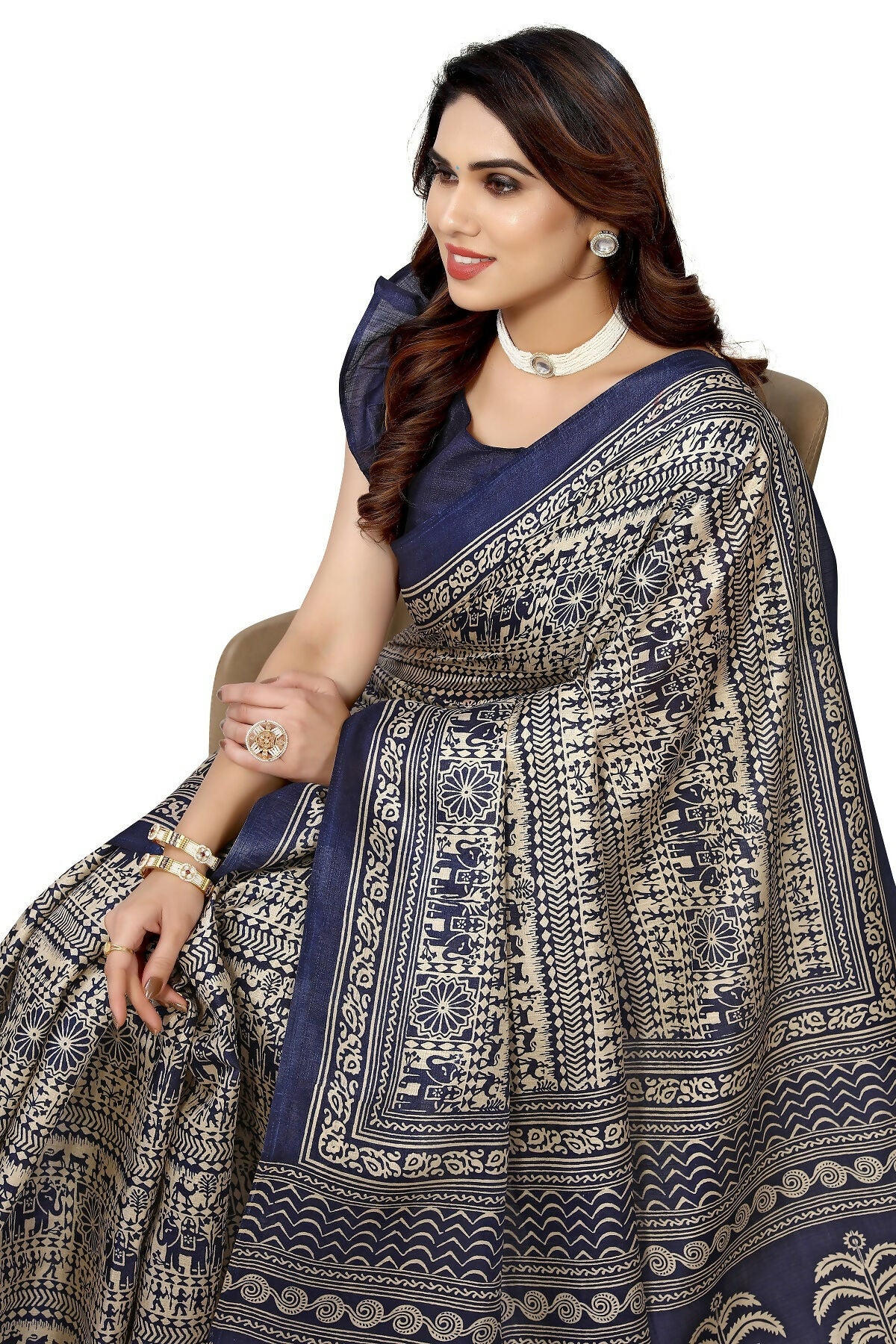 Vamika navy Printed Art Silk Saree - Distacart