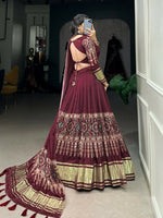 Thumbnail for Vastranavya Traditional Every Occasion Gaji Silk Digital Print With Lagadi Patta Lehenga with Unstitched Blouse - Maroon - Distacart