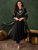 Thumbnail for Sangria Black Floral Embroidered Round Neck Zari A-Line Kurta With Trouser & Dupatta