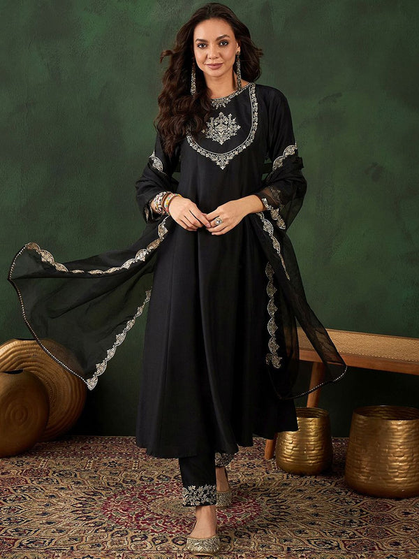 Sangria Black Floral Embroidered Round Neck Zari A-Line Kurta With Trouser & Dupatta