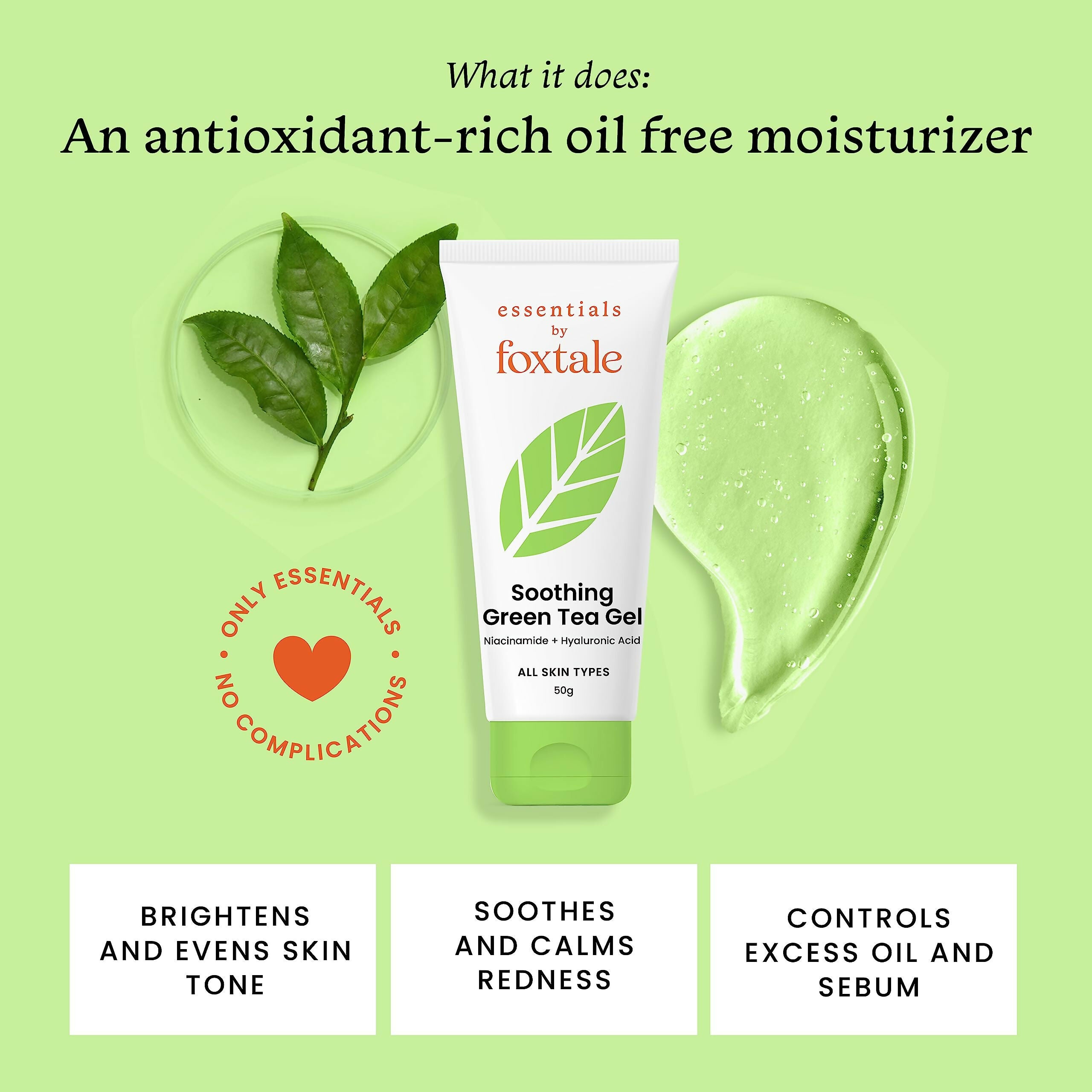 Foxtale Essentials Green Tea Oil-Free Gel Face Moisturizer - Hydrates, Brightens And Prevents Acne - Distacart
