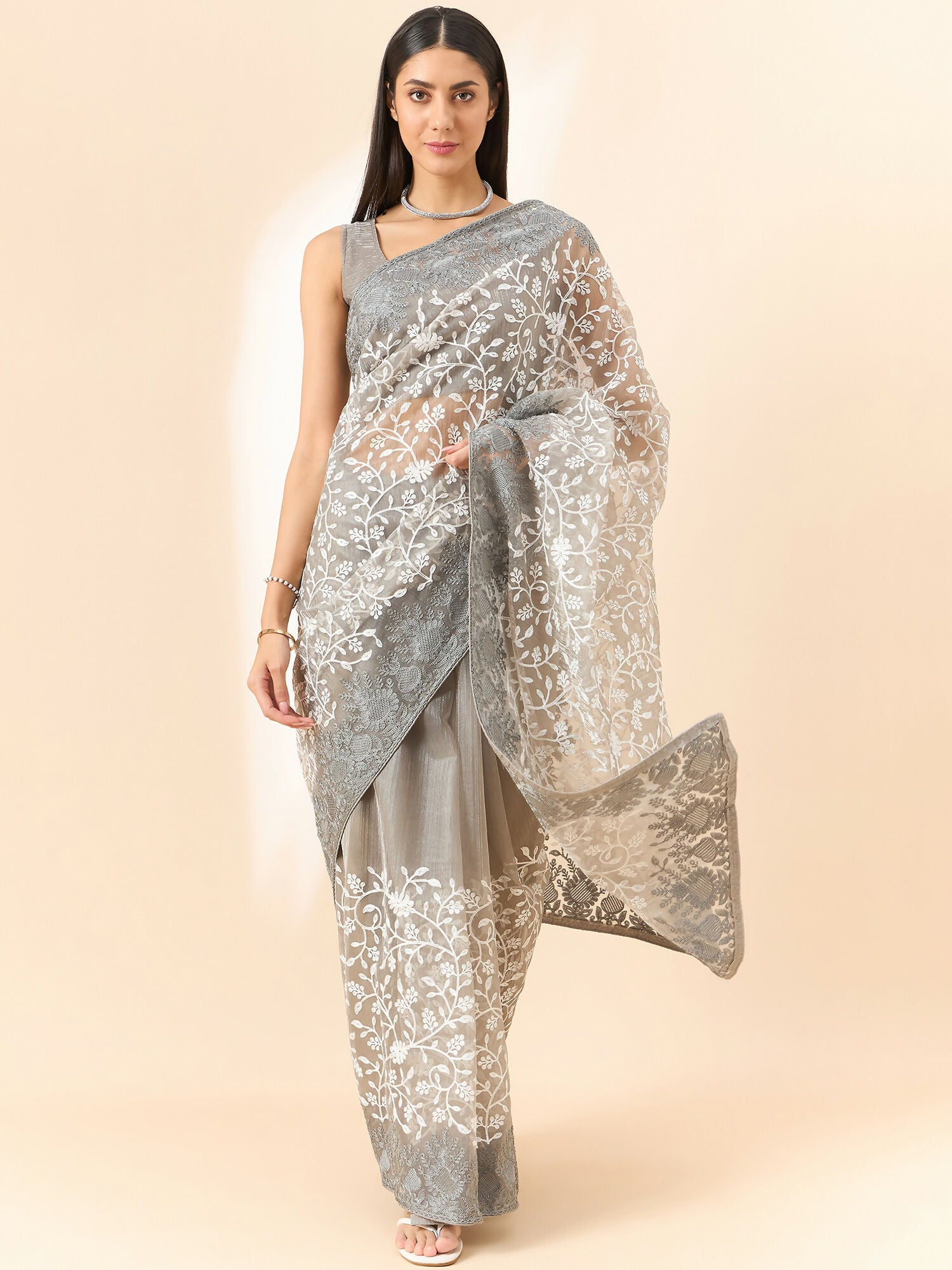 Grey Organza Floral Embroidered Saree with Unstitched Blouse Piece - Roozal - Distacart