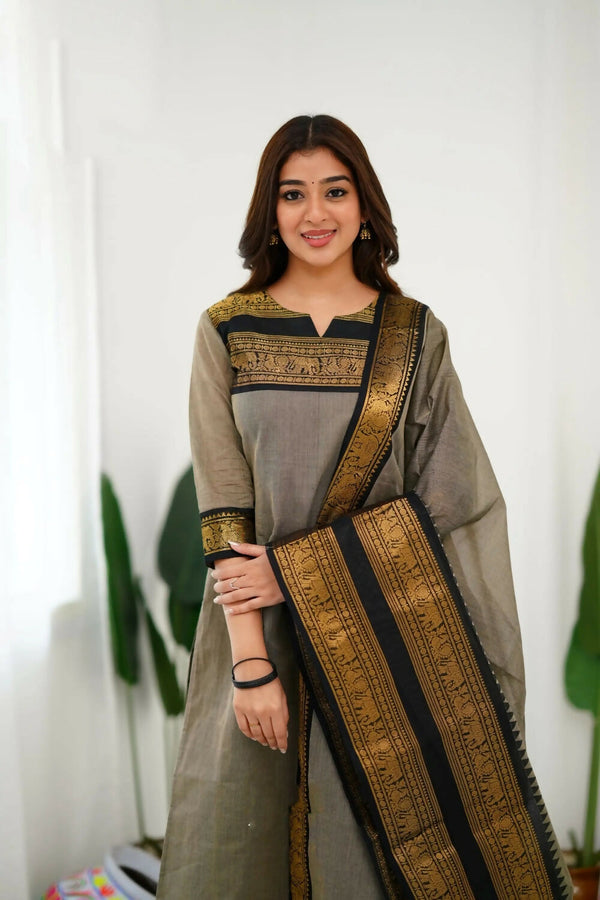 Divine Drape Women's Cotton Printed Straight Kurta With Dupatta - Cream