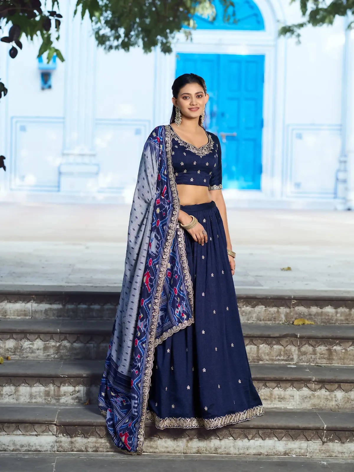 Looknbook Art Vichitra Silk Thread Work Lehenga with Scalloped Border Dupatta-Navy Blue