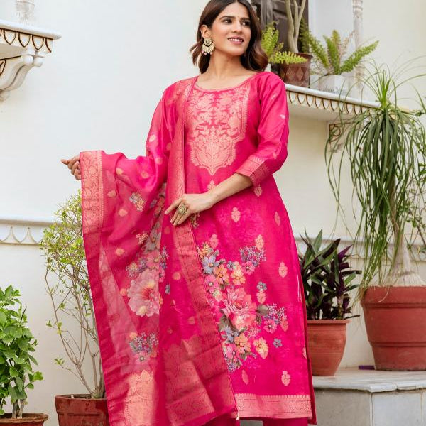 The52 Women Gorgeous Chanderi Cotton Fabric Straight Kurta, Pant and Dupatta Set - Distacart