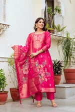 Thumbnail for The52 Women Gorgeous Chanderi Cotton Fabric Straight Kurta, Pant and Dupatta Set