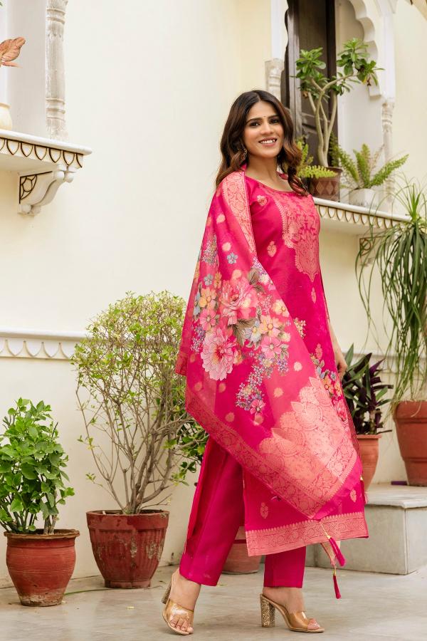 The52 Women Gorgeous Chanderi Cotton Fabric Straight Kurta, Pant and Dupatta Set
