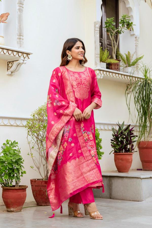 The52 Women Gorgeous Chanderi Cotton Fabric Straight Kurta, Pant and Dupatta Set
