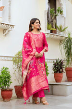 Thumbnail for The52 Women Gorgeous Chanderi Cotton Fabric Straight Kurta, Pant and Dupatta Set