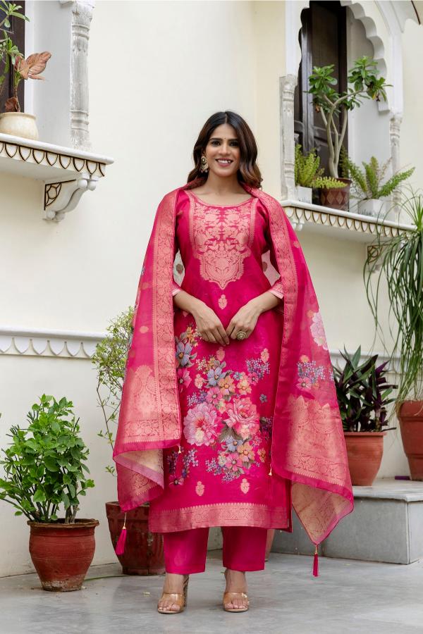 The52 Women Gorgeous Chanderi Cotton Fabric Straight Kurta, Pant and Dupatta Set