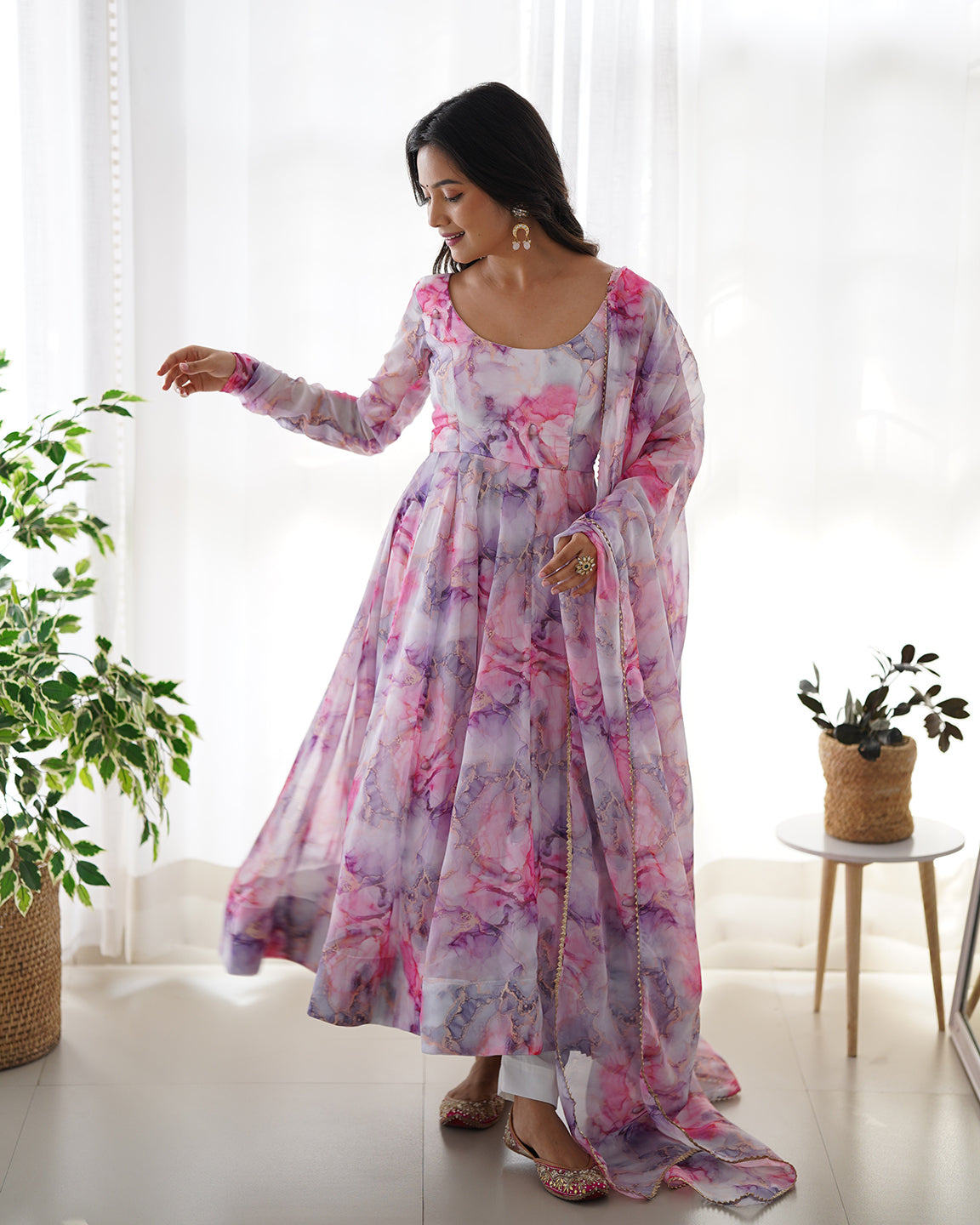 Lorenvalley Fashion Women Pure Soft Organza Silk Print Fully Flair Anarkali With Pent Dupatta Set - Pink - Distacart