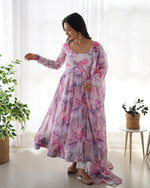 Thumbnail for Lorenvalley Fashion Women Pure Soft Organza Silk Print Fully Flair Anarkali With Pent Dupatta Set - Pink - Distacart