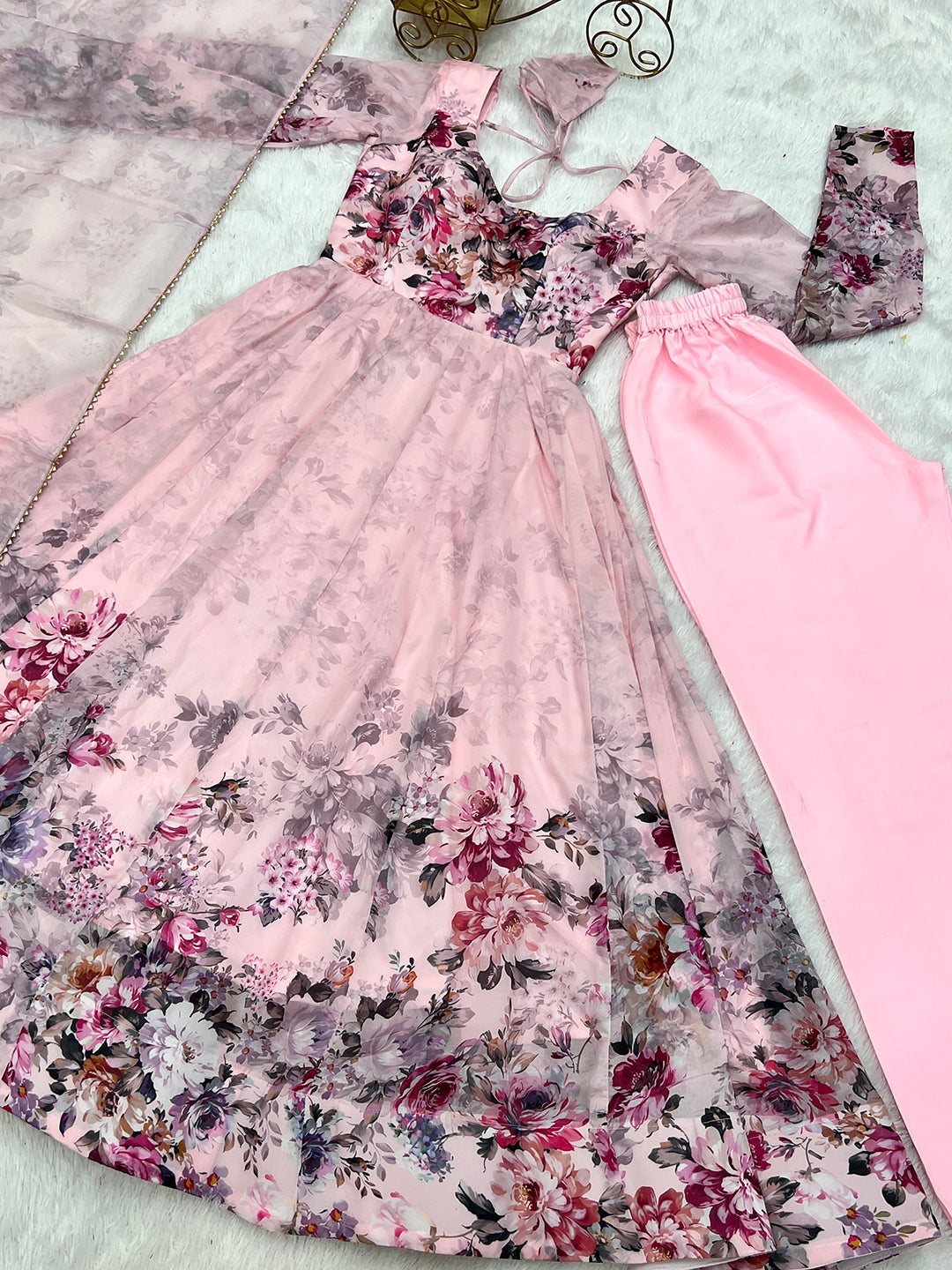 Lorenvalley Fashion Women Pure Soft Organza Silk Floral Print Fully Flair Anarkali With Pent Dupatta Set - Pink - Distacart