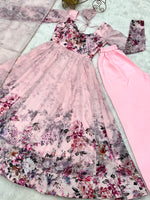 Thumbnail for Lorenvalley Fashion Women Pure Soft Organza Silk Floral Print Fully Flair Anarkali With Pent Dupatta Set - Pink - Distacart
