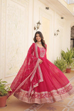 Thumbnail for Evanik Pink Faux Blooming Gown with Dupatta With Attractive Embroidered Sequins work