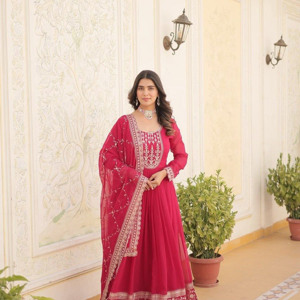Evanik Pink Faux Blooming Gown with Dupatta With Attractive Embroidered Sequins work