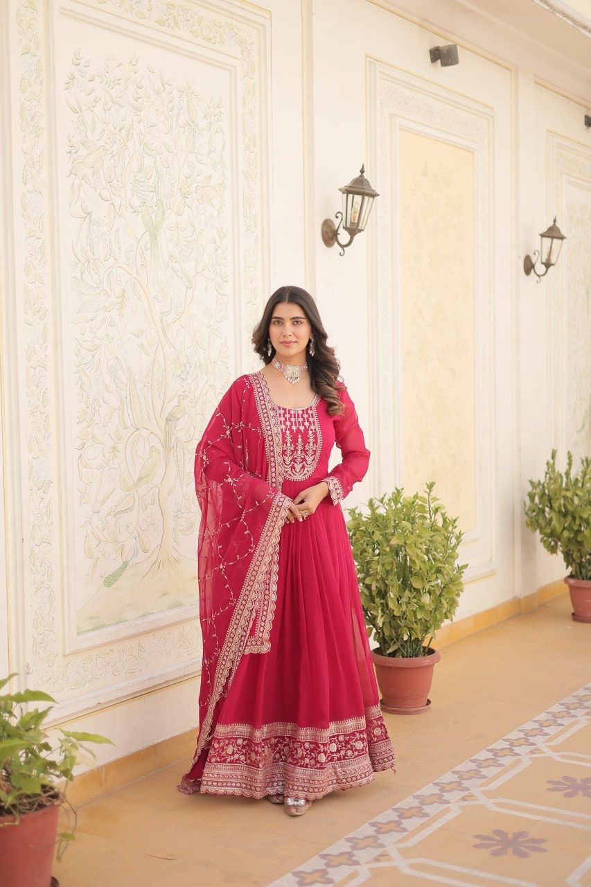 Evanik Pink Faux Blooming Gown with Dupatta With Attractive Embroidered Sequins work - Distacart
