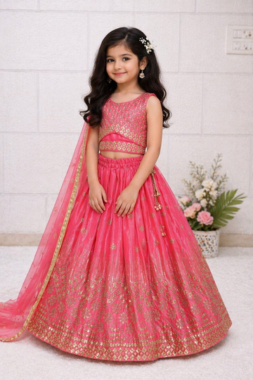 Evanik Pink Chinon Silk Embroidered Work Wedding Kids Lehenga Choli - Dista