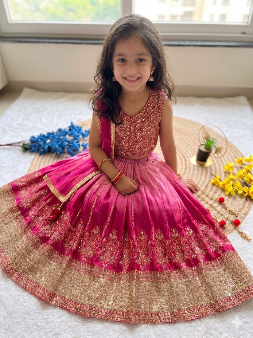 Evanik Pink Designer Chinon Silk Embroidered Work Wedding Lehenga Choli For Kids - Dista