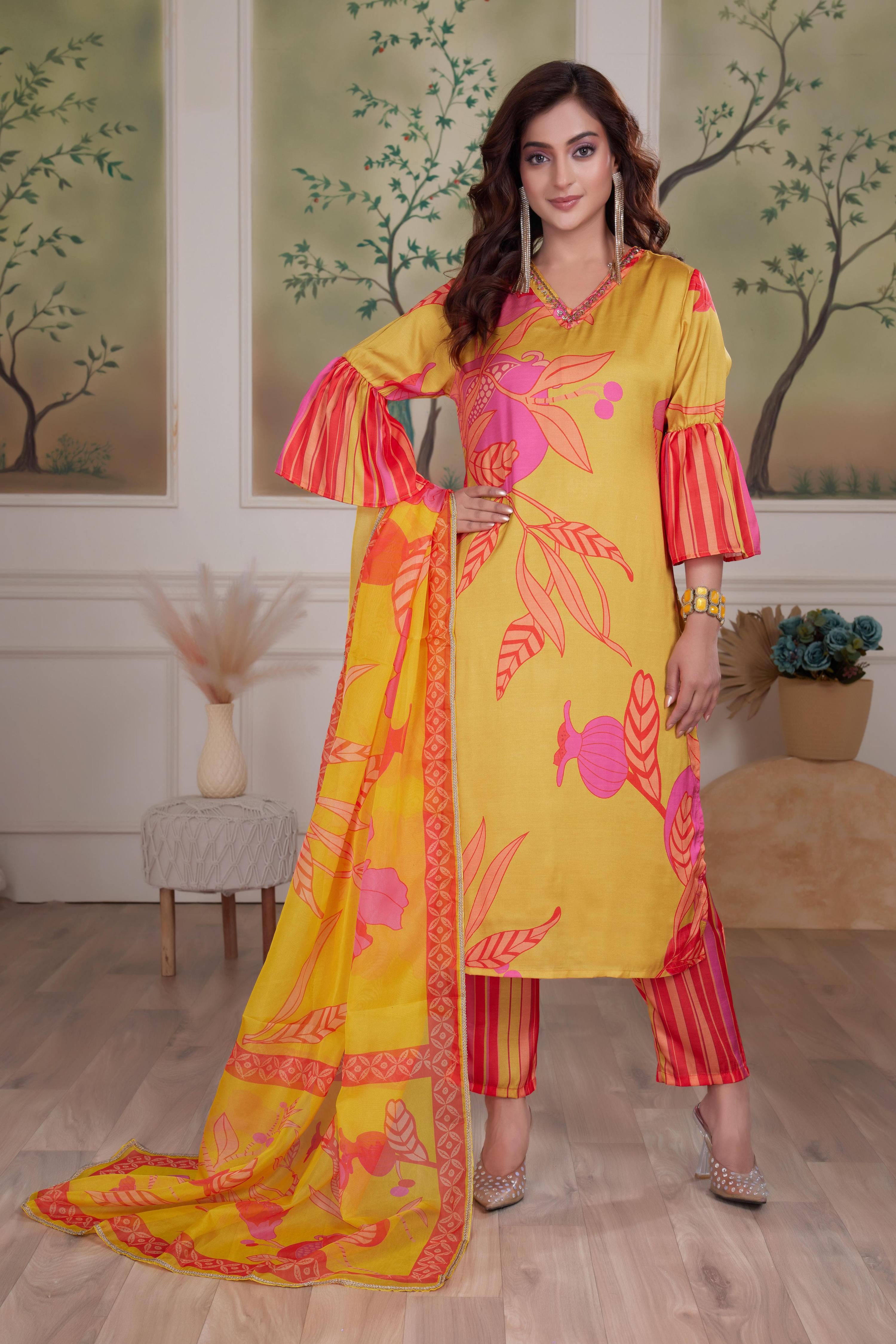 BulBul Rani Mustard Silk Kurta Set with Dupatta
