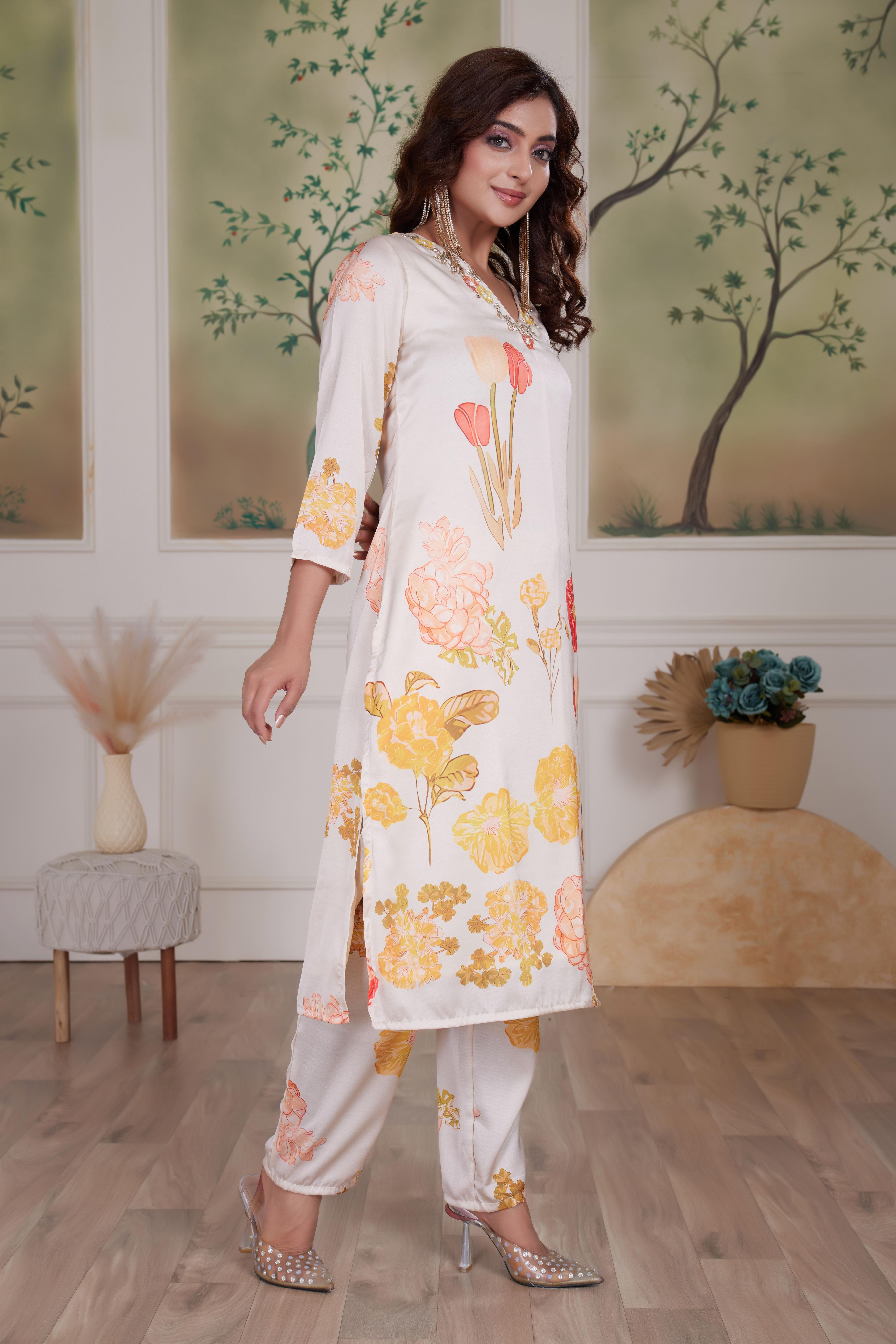 BulBul Malaika Silk White Kurta Set with Dupatta