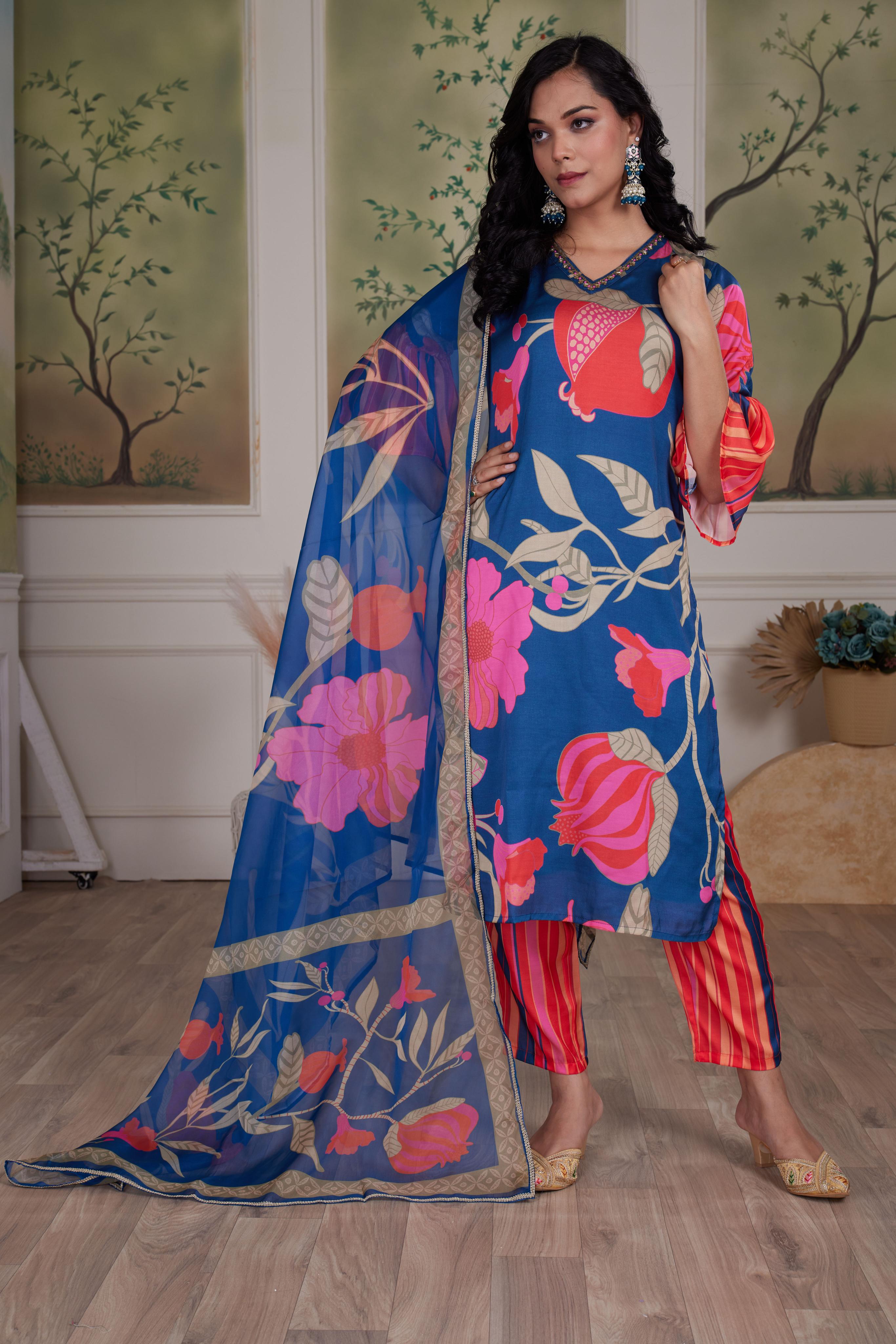 BulBul Rani Blue Silk Kurta Set with Dupatta