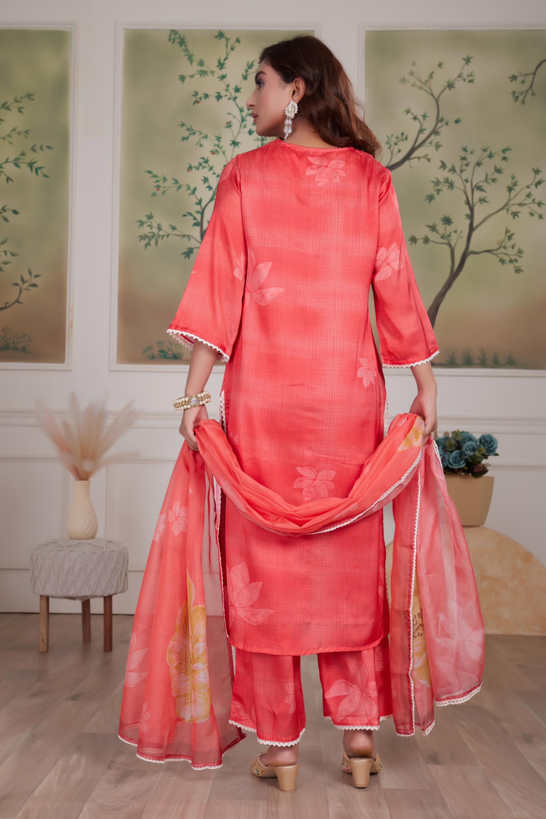 BulBul Farida Red Silk Kurta Set with Dupatta