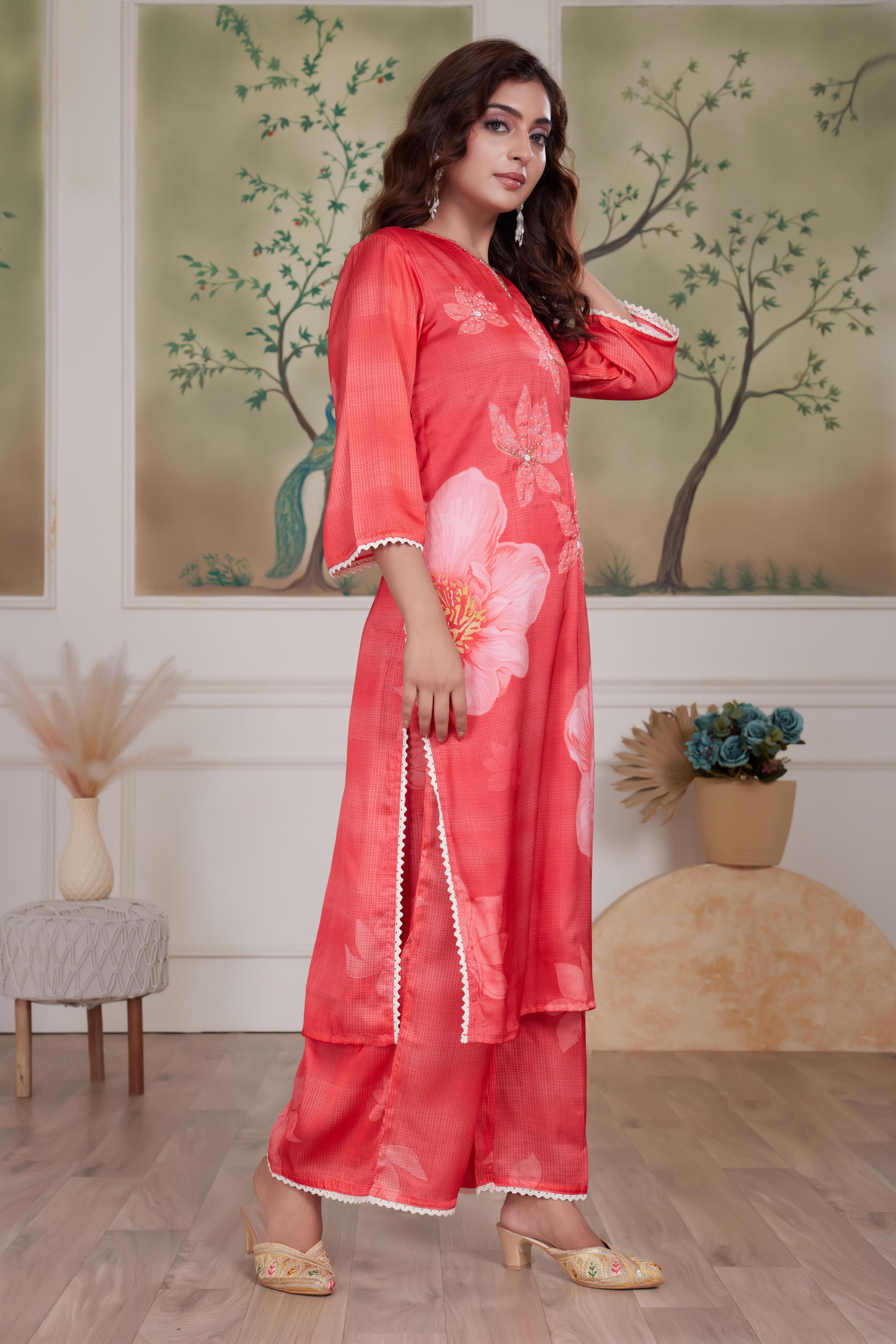 BulBul Farida Red Silk Kurta Set with Dupatta