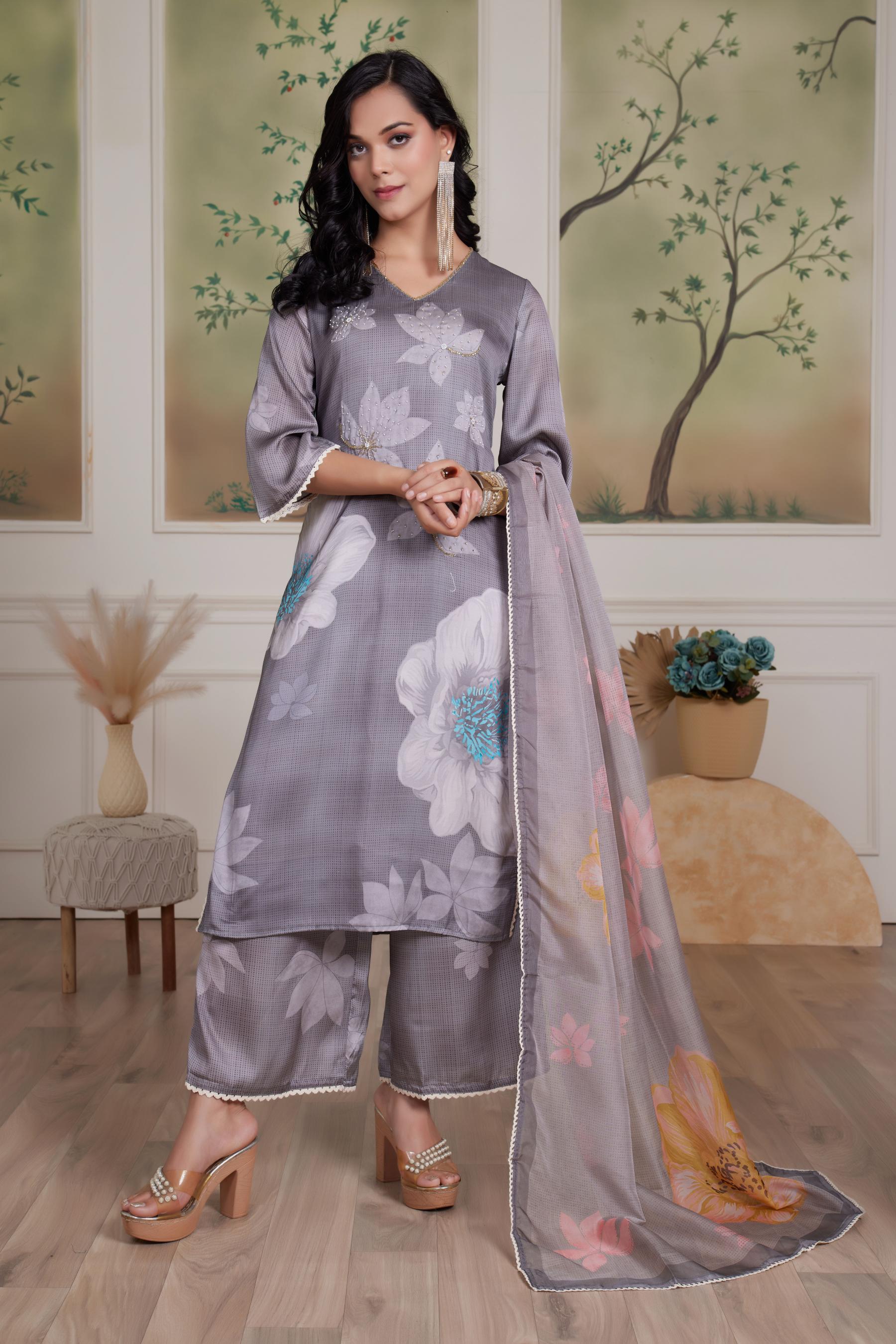 BulBul Farida Grey Silk Kurta Set with Dupatta