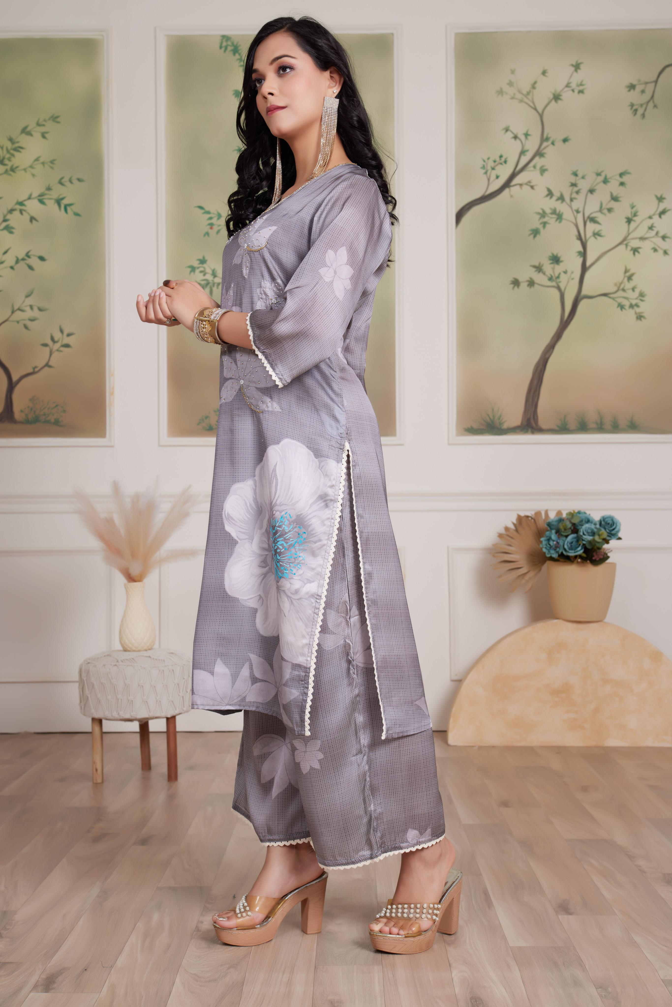 BulBul Farida Grey Silk Kurta Set with Dupatta
