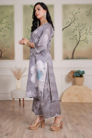 BulBul Farida Grey Silk Kurta Set with Dupatta