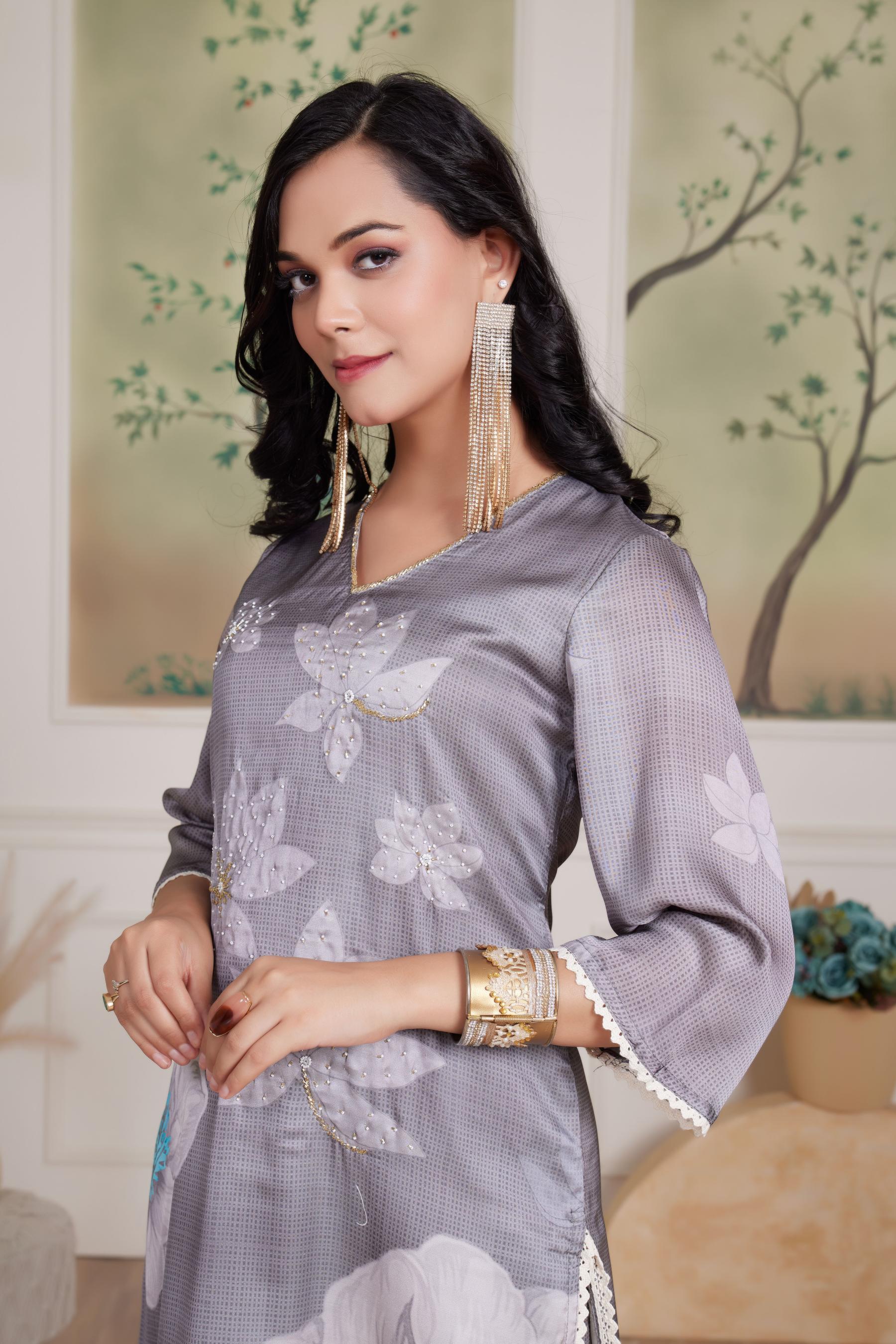 BulBul Farida Grey Silk Kurta Set with Dupatta
