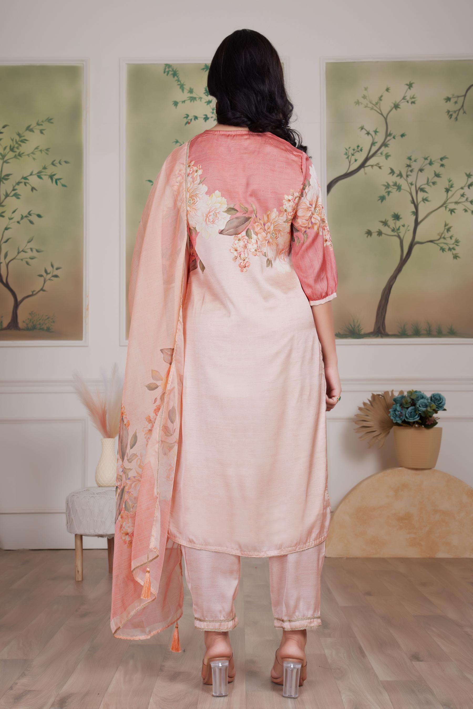 BulBul Tasneem Silk Peach Kurta Set with Dupatta