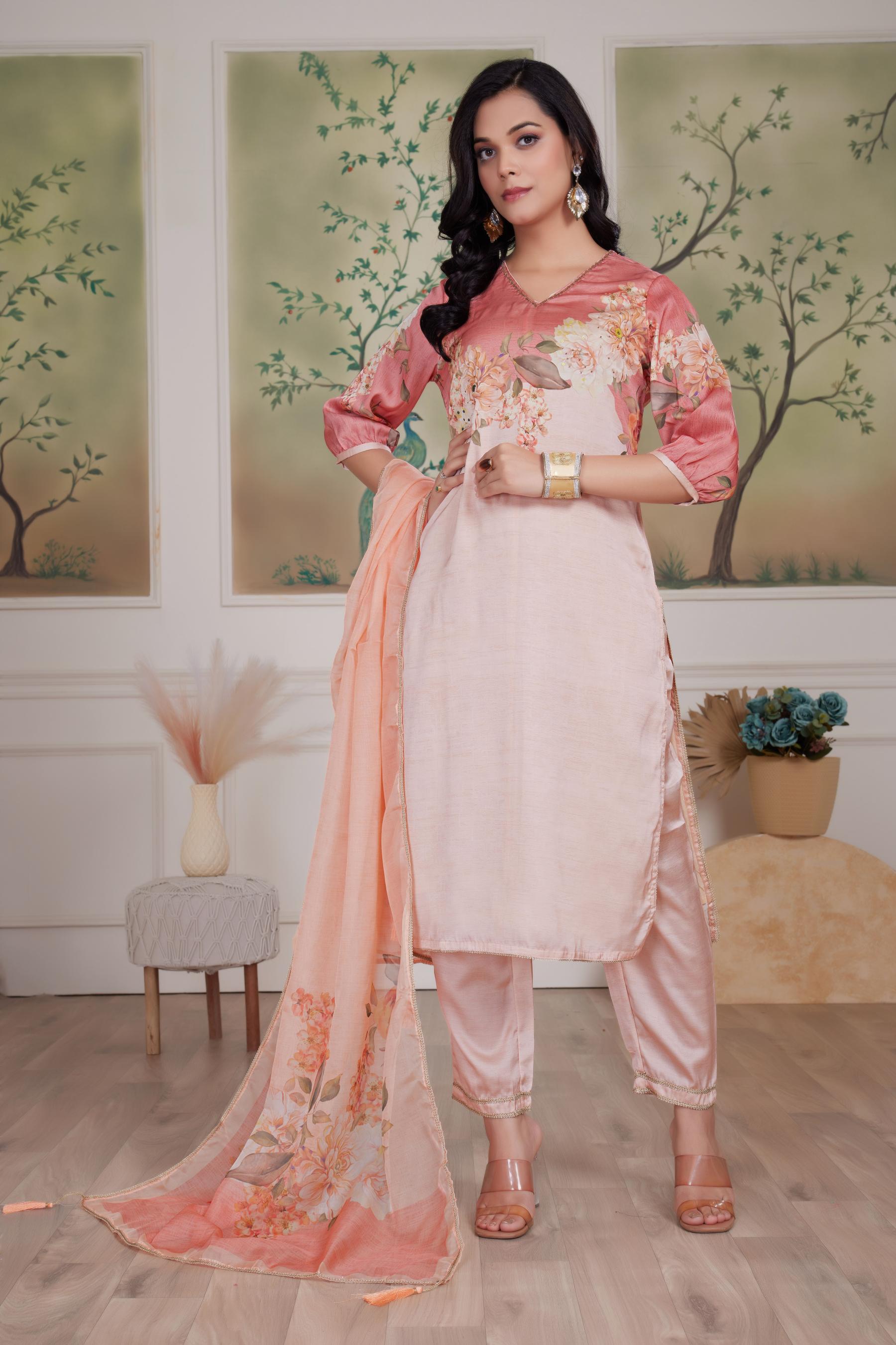 BulBul Tasneem Silk Peach Kurta Set with Dupatta